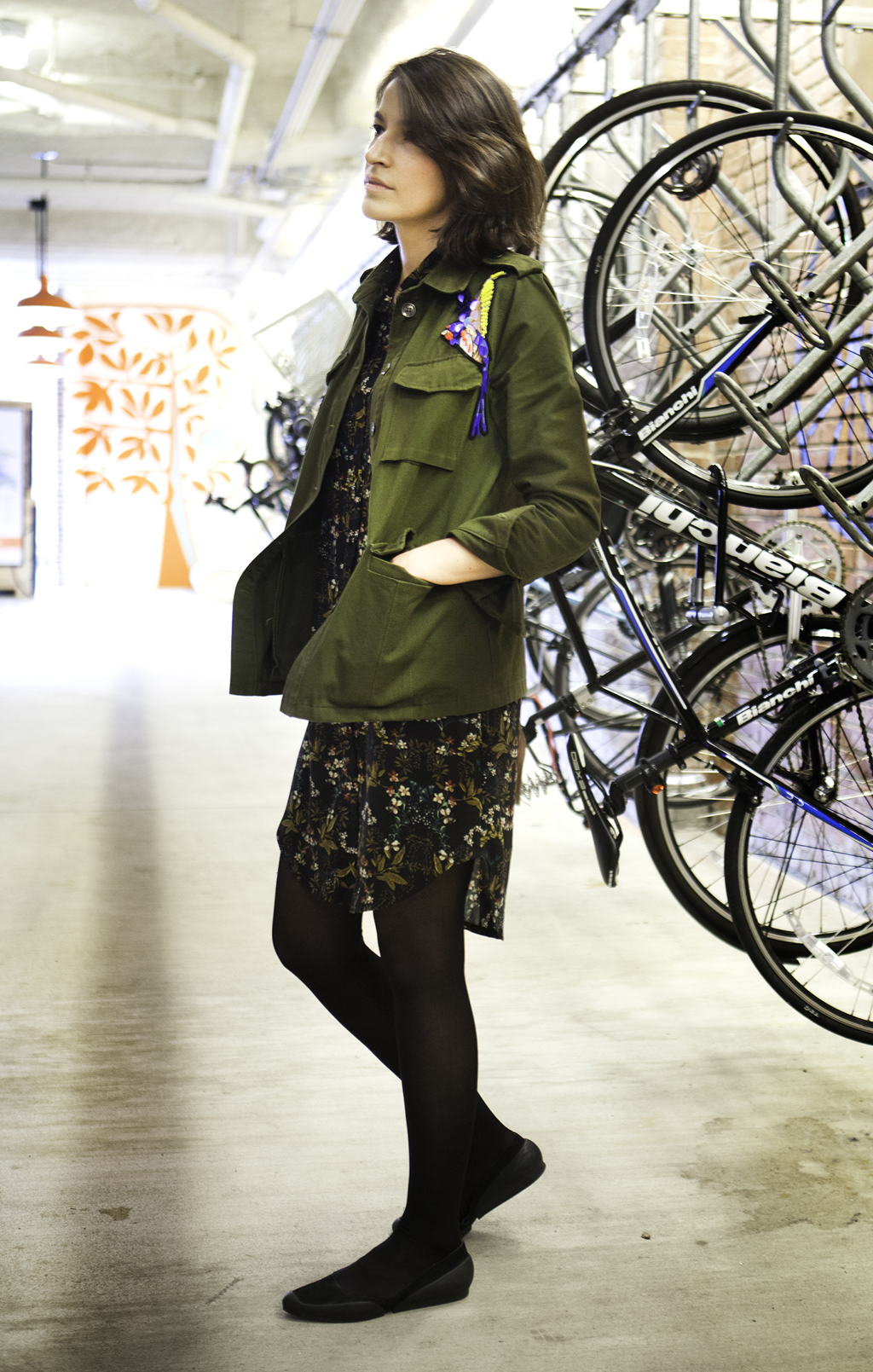 Style Indigo Green jacket with patches. DIY project. Japanese-inspired dress
