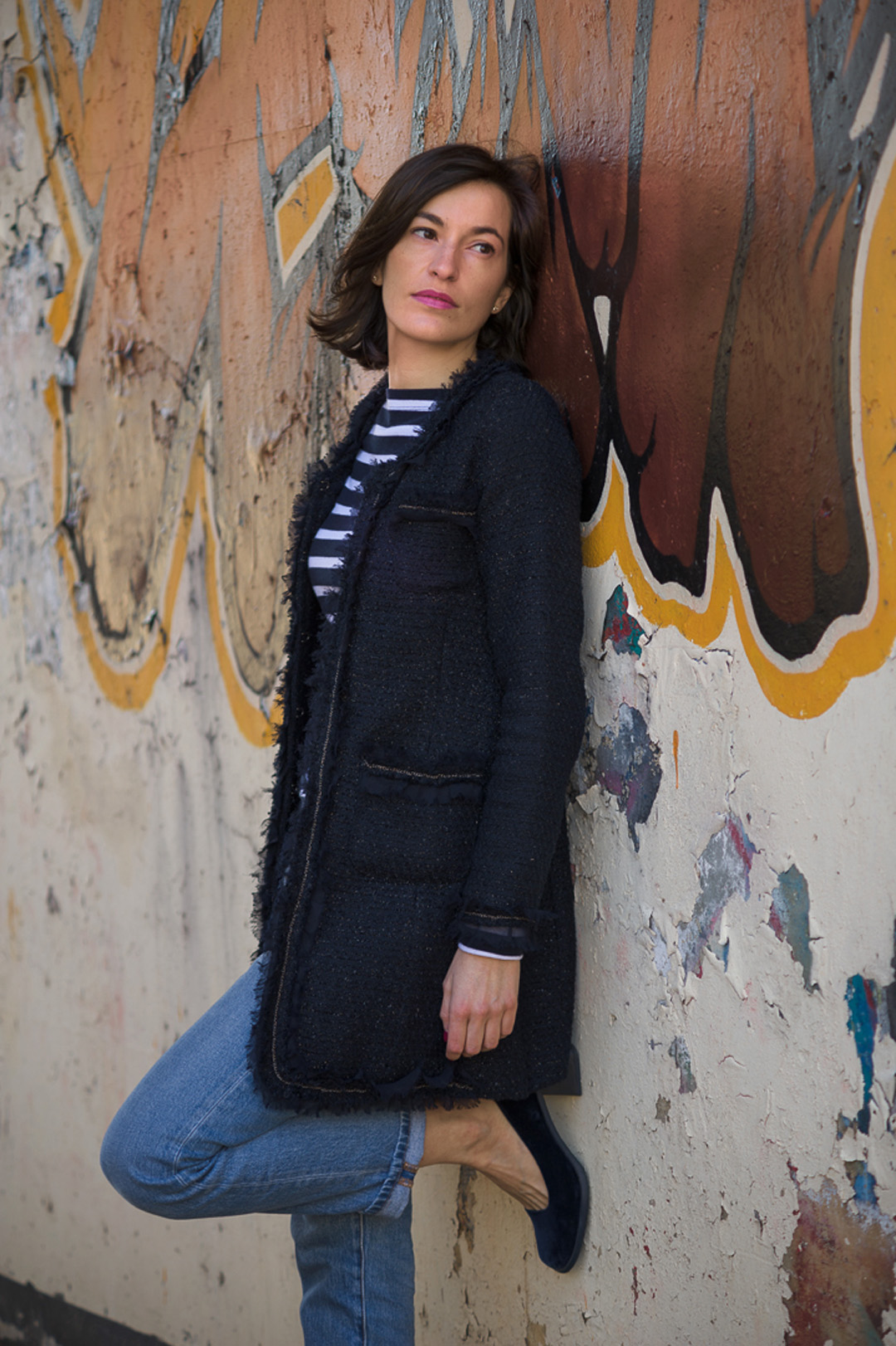 casual outfit navy coat with jeans and stripped t-shirt